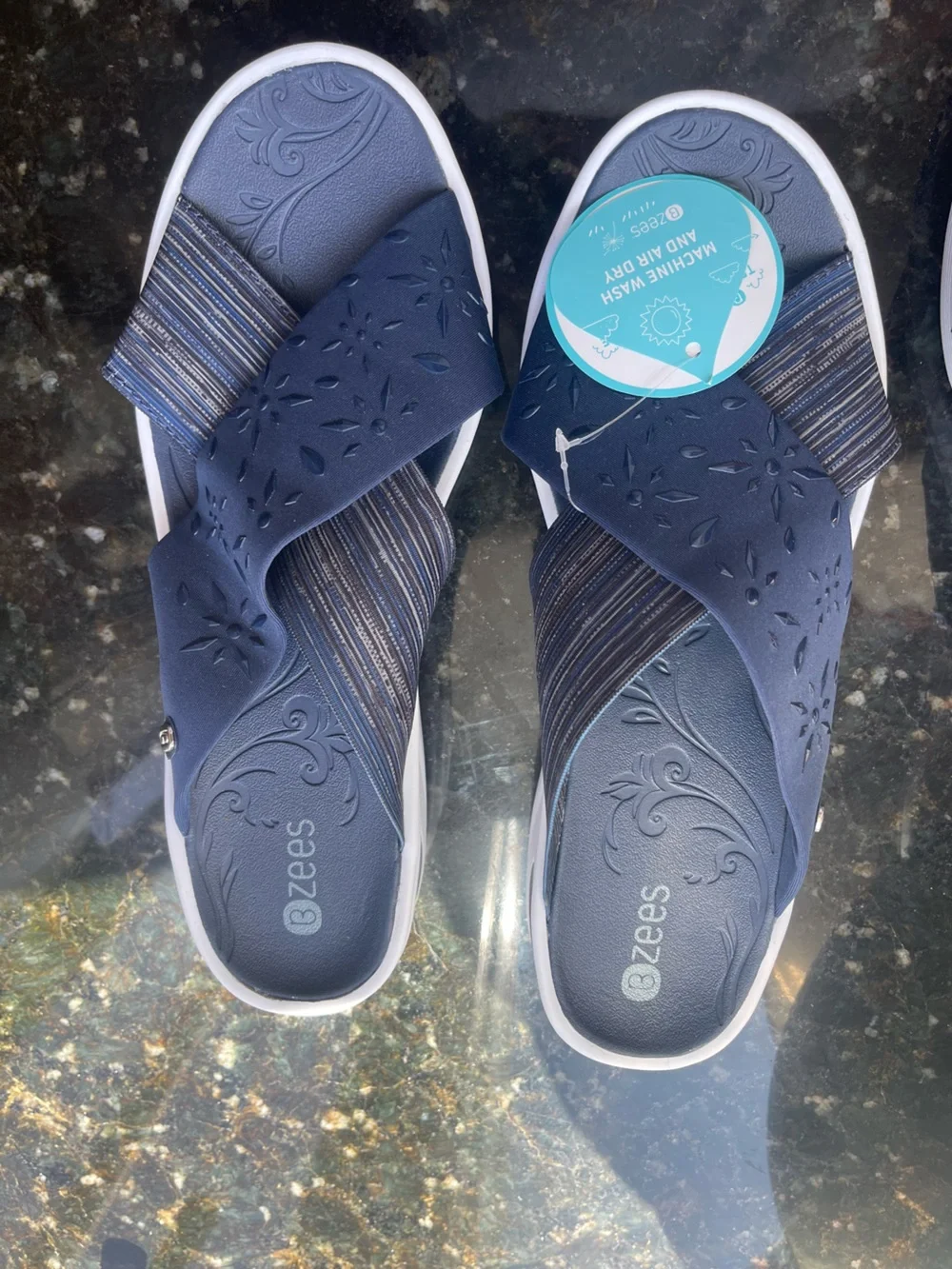 Bzees Navy Crisscross Slip-On Sandals with Floral Cutouts
